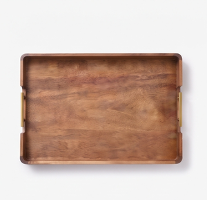 Plateau de service rectangulaire artisanal en bois de manguier, plateau décoratif avec contour lisse et quincaillerie métallique - Product Image 5