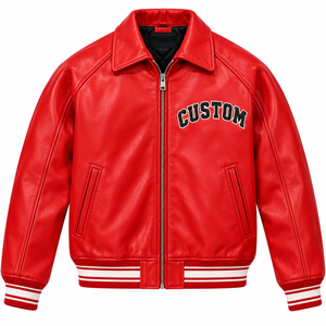 Blouson Bomber Homme en Cuir Rouge Hiver Style Vintage avec Logo Personnalisé, Manches Côtelées, Fermeture Éclair Avant et Doublure en Fausse Fourrure - Product Image 1