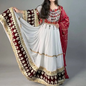 Traditional Pashtun Dress Women Casual Dresses <b>White</b> Georgette Large Flare Maroon Velvet Border Gold Embroidered <b>Maxi</b> Gown - Product Image 6