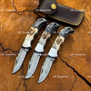 Cuchillo de Bolsillo Táctico de Grado Industrial con Mango de Cuerno de Ciervo Genuino, Hecho a Mano, de Acero de Damasco, con Punta de Gota y Bloqueo Trasero, 56-58HRC - Product Image 3