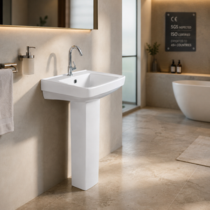 Juego de Lavabo Torus con Pedestal, Rectangular, Grifo Monomando, Diseño Minimalista, Acabado Cromado, Desagüe, Montaje en Suelo, para Baño - Product Image 6