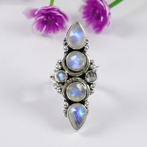 Bague artisanale en pierre de lune naturelle arc-en-ciel, bague en argent - Product Image 2