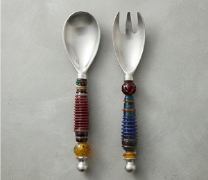 Luxury Silver Head Salad <b>Server</b> Satin Polish With Colourful Handcrafted Beaded Handle For Family Meals And Parties Weddings - Product Image 1