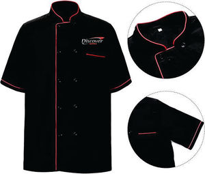 Découvrez la veste de chef à manches courtes noire avec bordure rose, fermeture à boutons, uniforme de restaurant pour homme, tissu tissé - Product Image 2