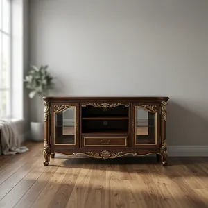 Meuble TV en bois de style antique de luxe avec portes en verre sculptées ornementées et rangement classique pour salon royal - Product Image 4