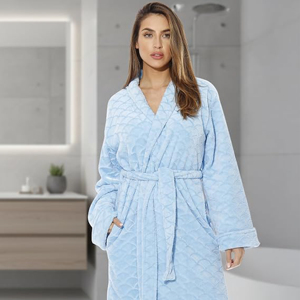Bata de Baño de Felpa Azul Claro para Mujer, Manga Larga, Cuello en V, Largo hasta la Rodilla, Suave y Acogedora, con Cinturón y Bolsillos - Product Image 4
