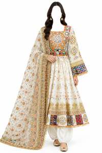 Robe de soirée bohème traditionnelle afghane en cachemire naturel, brodée de dentelle orange, col rond, manches cloche, coupe trapèze, longueur genou - Product Image 5