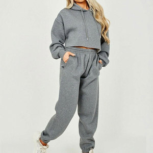 Custom Gray Solid Cropped <b>Sweat</b> Shirt Crop <b>Top</b> Hood and Trouzer Tracksuit 300gsm Lightweight Quick Dry for Women - Product Image 2