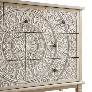Commode à 6 tiroirs en bois sculpté, blanc antique, avec motif floral mandala, pour salon - Product Image 4