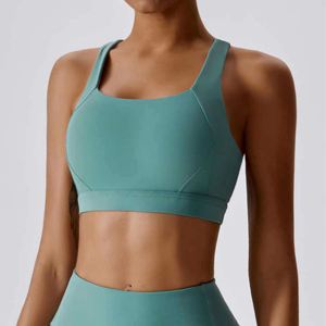 Women Square Neck Sports <b>Bra</b> Medium Support <b>Wide</b> <b>Straps</b> Pink Seamless Gym Workout Top - Product Image 4