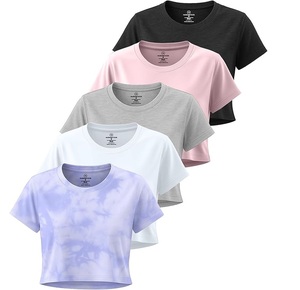 เสื้อครอปผู้หญิง แขนสั้น คอกลม ผ้าถัก สีพื้น ซับเหงื่อ ระบายอากาศ แห้งเร็ว ชุดลำลองสำหรับเล่นกีฬา - Product Image 1