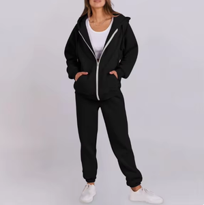 Ensemble de survêtement gris en coton pour femme, pantalon de survêtement long et sweat à capuche zippé, coupe décontractée, couleur unie, automne - Product Image 6