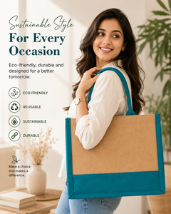 Grand sac de courses en jute, couleur turquoise et beige, avec poignée supérieure, sac fourre-tout pour épicerie - Product Image 3