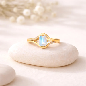 Moonstone <b>Emerald</b> Cut <b>Ring</b> Split Shank June Birthstone <b>Ring</b> 925 Sterling <b>Silver</b> 18K Gold Filled Minimalist Statement Jewelry - Product Image 3