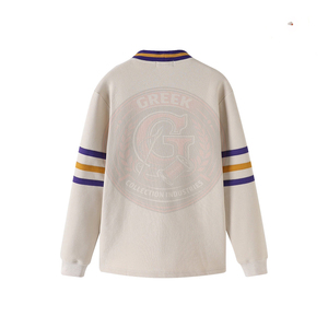 Cardigan en tricot blanc cassé 100% coton Omega Psi P, broderie à rayures violettes et dorées, lettres grecques, col en V, pull pour homme - Product Image 2
