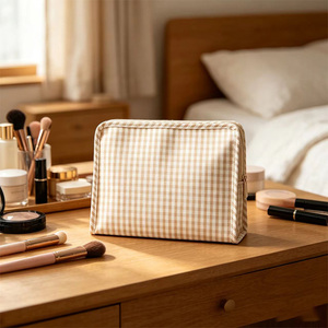 Summer Custom Plaid Makeup Pouch Monogram Nylon Travel Toiletry Bag Women Blank Gingham Cosmetic Bags - Product Image 2