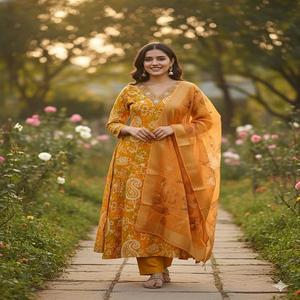 New Trending Luxury Kolkata Style Reversible Summer Spring Winter Party Premium <b>Bamboo</b> <b>Fiber</b> Muslin Print Women's Kurta / Kurti - Product Image 2