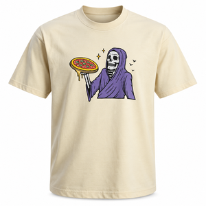 <b>Mens</b> O-Neck Short Sleeve Cotton T-Shirt With Grim <b>Reaper</b> Holding Pizza Cartoon Print Casual Regular Fit custom halloween t shirt - Product Image 1