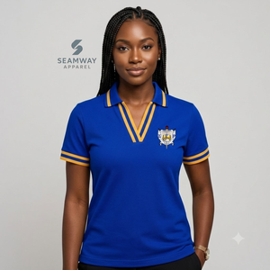 เสื้อโปโล Sigma Gamma Rho Sorority สำหรับผู้หญิง สีน้ำเงินลายทอง คอวี ผ้าปิเก้ถัก แขนสั้น ปักลายตราสัญลักษณ์ คอปก - Product Image 5