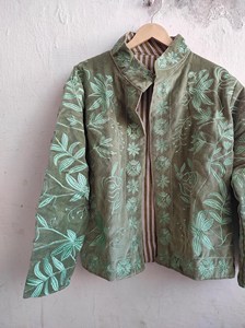 Handmade Bohemian Olive Green <b>Jacket</b> Women Floral Embroidery Casual <b>Short</b> Outerwear - Product Image 4