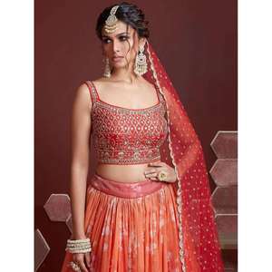 Étonnante soie organza imprimée numérique orange Lehenga Choli - Product Image 3