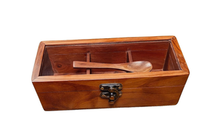 Boîte à épices en bois artisanale à 3 compartiments avec couvercle en verre, organisateur de masala avec une cuillère en bois, récipient de rangement pour la cuisine - Product Image 5