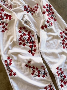 Pantalon de jogging personnalisé pour homme, coupe droite, jambe large, en molleton de coton blanc avec broderie florale artistique, taille élastique, hiver - Product Image 2