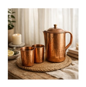 Modern Wabi Sabi Copper Carafe Hand Hammered Metal Drinkware Set Luxury Metallic Tapered Water Pot Glass Tumbler Hydration Kit - Product Image 3