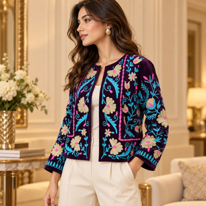 <b>Womens</b> Dark <b>Purple</b> Velvet Floral Embroidered <b>Jacket</b> | Bohemian Statement Outerwear with Full Sleeves Round Neck and Colorful Bot - Product Image 3