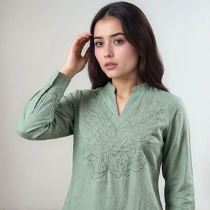 Ropa de Dormir de Verano Bordada para Mujer, Manga Larga, Alta Calidad, Informal, Cómoda, 100% Algodón, Cuello en V - Product Image 1