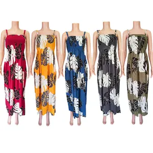 NEW Printed Long Women Design Spaghetti Straps Beach Casual Summer Dresses Monstera Leaf Printed