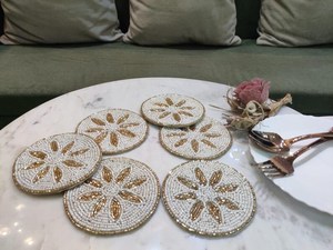 Handmade Beaded Flower Coaster Set of 1 Luxury Style Reusable Eco-Friendly Washable <b>Bar</b> <b>Mats</b> White and Gold Mosaic Design - Product Image 3