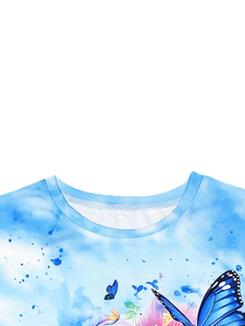 เสื้อยืดผู้หญิงสีฟ้าอ่อน ลายเต่าสีน้ำเงินและดอกชบา ดีไซน์ลายพิมพ์ชายหาดเขตร้อน สำหรับใส่ลำลอง คอกลม เสื้อฤดูร้อนลำลอง ลายดอกไม้ - Product Image 3