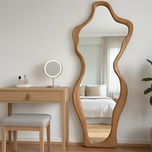 Miroir sur pied moderne ondulé pleine longueur avec cadre en bois, miroir décoratif autoportant pour la maison et la chambre - Product Image 3