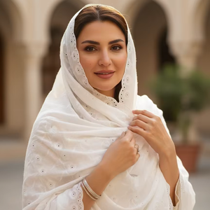 Châle pour femme, usage quotidien, grande taille, toutes saisons, luxe, voile, dentelle, 100% coton, broderie florale, strass, respirant - Product Image 1