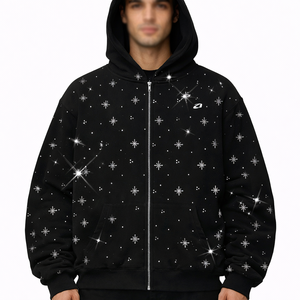 Sudadera con capucha de algodón polar extragrande con cremallera para hombre, con pedrería de estrella negra, estilo urbano, peso pesado, transpirable, para invierno, OEM, marca privada - Product Image 1