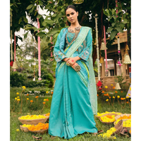 Setelan Pesta Etnik Wanita: Lehenga Saree Shimmer Bandhani Pallu, Blus Polos, Jaket Koti Bersulam, Sudah Dijahit