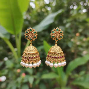 Vintage Gold Plated Bridal Hoop Earrings with Crystal Pearl and Ruby - Product Image 3