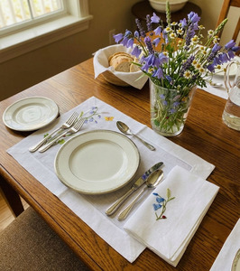 Custom Washable Reuse Embroidery Flowers in The Garden <b>Placemats</b> Napkins Sets 100% Linen Hemstitch Mats Home Wedding Events - Product Image 1