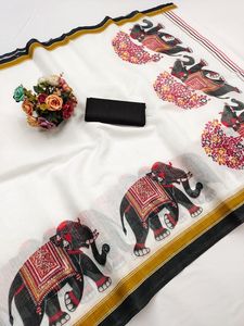 Sari indio de lino y algodón con hermoso estampado digital, para bodas, fiestas y festivales, estilo Bollywood, diseño de diseñador, para mujer. - Product Image 4