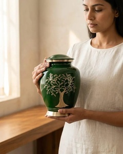 Urne funéraire en métal vert émeraude avec motif Arbre de Vie, bordure dorée, couvercle bombé et détails commémoratifs faits à la main - Product Image 3
