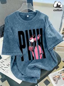 Camiseta de Algodón con Estampado de Pantera Rosa para Mujer, Cuello Redondo, Manga Corta, Corte Holgado, Diseño de Personajes, Estilo Casual de Verano - Product Image 4