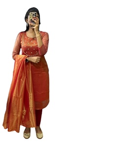 Adults Party Wear Collection Premium Gold Fancy Fabric <b>Kurti</b> Duppata Set Salwar Kameez - Product Image 5