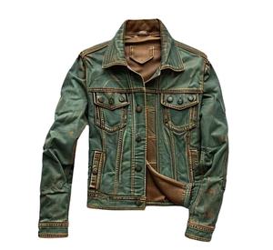 Vestes en cuir et denim vert vieilli de haute qualité pour hommes, fabrication professionnelle, meilleure qualité. - Product Image 1