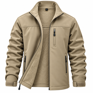 Chaqueta de Forro Polar Beige para Hombre, Cuello Alto con Cremallera, Casual, Cortavientos, Abrigo Cálido para Exteriores, Otoño, Corte Regular, Exterior de PU - Product Image 1