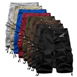 Men's Solid <b>Cargo</b> Shorts Mid Waist Drawstring Closure With Pockets Casual Style Breathable Cotton Fabric Bermuda Length - Product Image 1