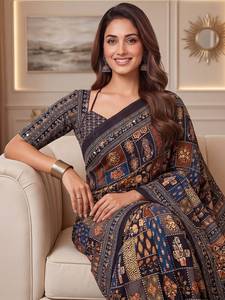 Sari Tradicional Indio de Seda con Estampado Digital y Parches Multicolores para Bodas y Eventos Festivos para Mujer - Product Image 2