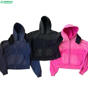 Sweat à capuche zippé pour homme de qualité supérieure, logo personnalisé, 350 GSM, avec strass et effet délavé à l'acide, coupe courte - Product Image 6