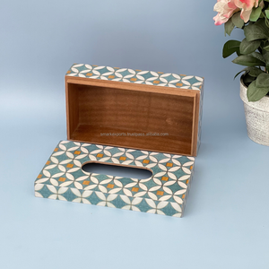 Boîte à mouchoirs en bois de luxe faite à la main porte-serviettes bleu géométrique carrelage imprimé distributeur de mouchoirs décoratif pour bureau à domicile - Product Image 5