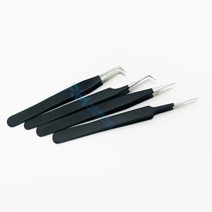 Pince à épiler RMI en acier inoxydable anti-magnétique 10 mm, revêtement noir, couleur argent, pointe fine, pour extensions de cils, poignée simple - Product Image 2